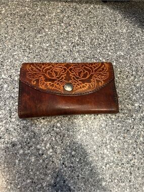 Handcrafted Tooled Leather Clutch Wallet - Brown Floral Design